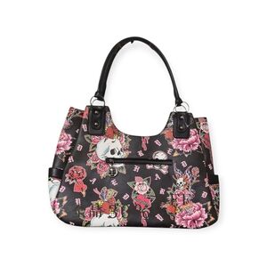 Skull & Floral Print Black Shoulder Tote